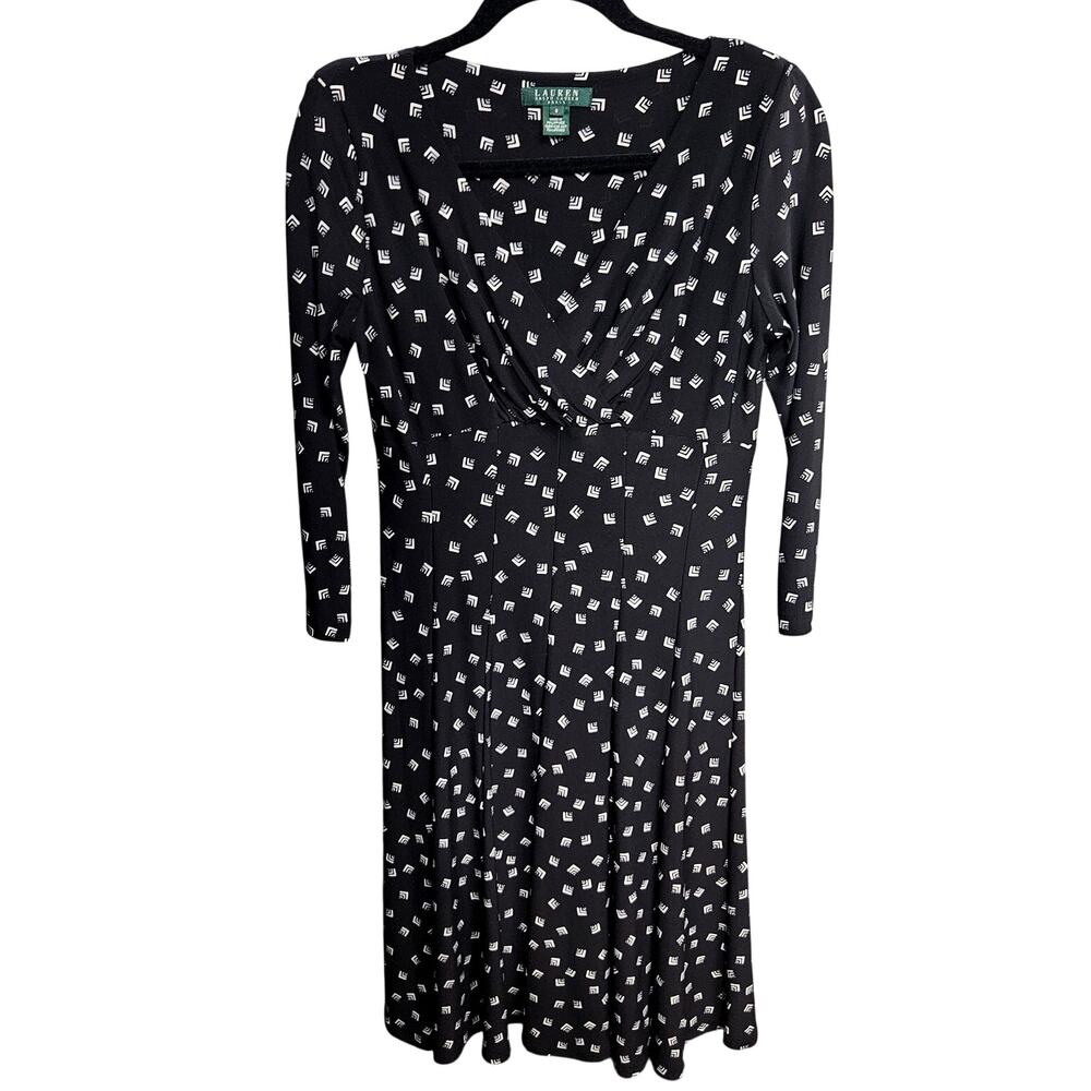 Lauren Ralph Lauren Dress Size 6 Black‎ White Geo Print Long Sleeve Midi Y2K